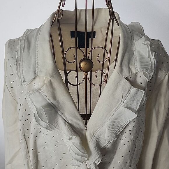Linen Cotton Blend Ruffled Sequin Jacket Blazer Creamy White Size 16 - Picture 3 of 11
